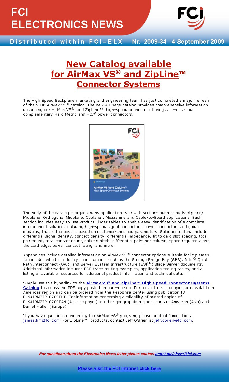 FCI Extends the ZipLine™ Connector System To Coplanar Applications